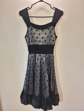 Komarov Black Sheer Overlay Polka Dot Silver Midi Fit And Flare Dress - S